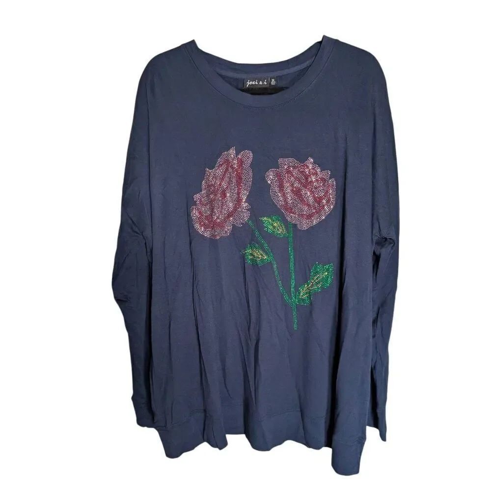 NWT Joei & i ROSE RHINESTONE LONG SLEEVE T-SHIRT Navy Blue Cotton Size 2X